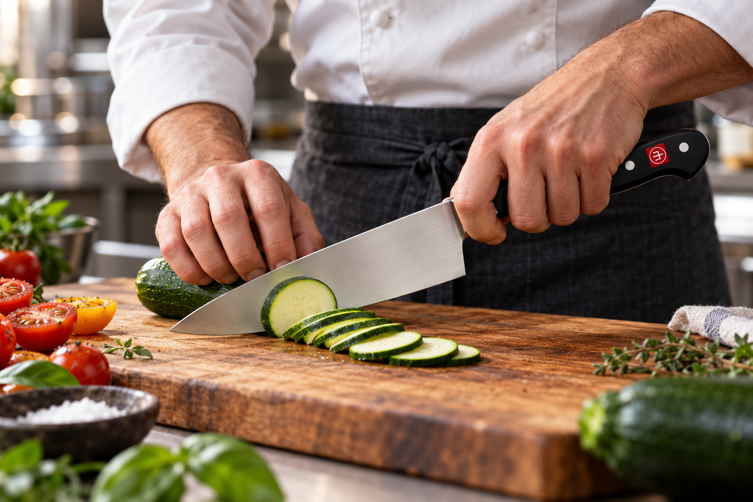 Chef cortando verduras